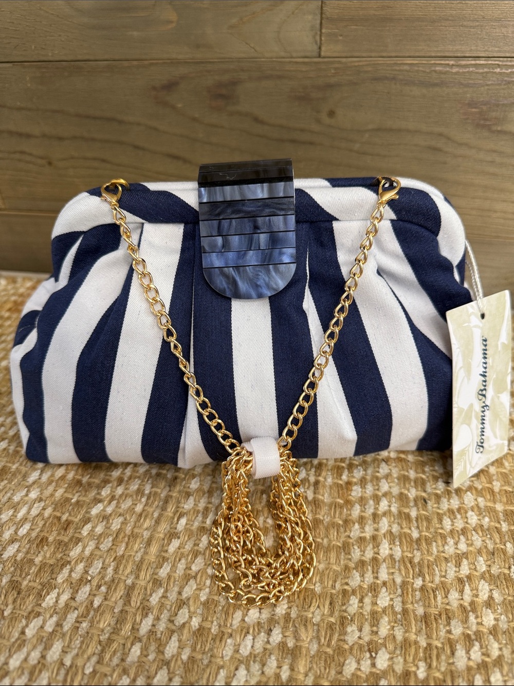 Tommy Bahama Navy & White Striped Fold-Over Clutch with Shell Tab